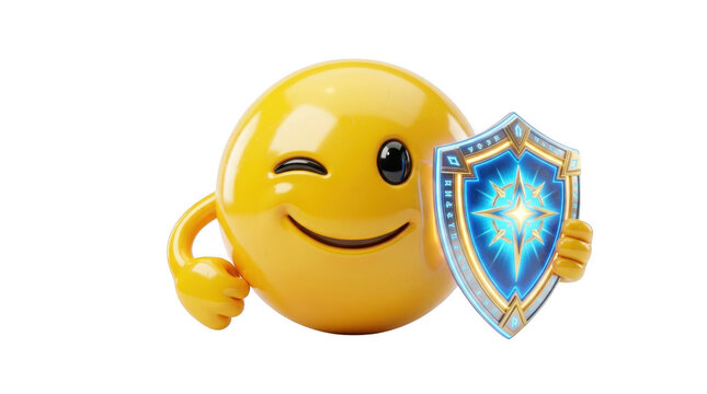 Smiling cartoon face with a shield emblem representing security and trust