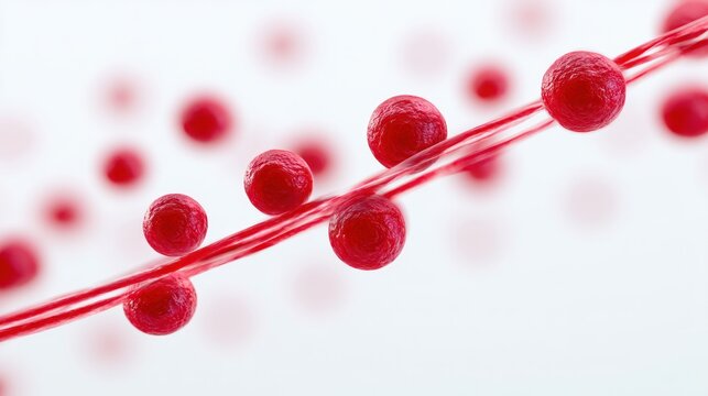 Red Spheres on Thread: Close-up of vibrant red spherical objects strung along a thin thread, creating an abstract and artistic composition.