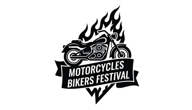 Black and white motorcycles bikers festival badge logo with a custom chopper motorcycle against roaring flames.