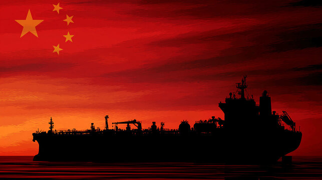 Silhouette of an oil tanker ship against the flag of China. Powerful, geopolitical, and industrial imagery for global trade news, economic analysis, or energy sector presentations.
