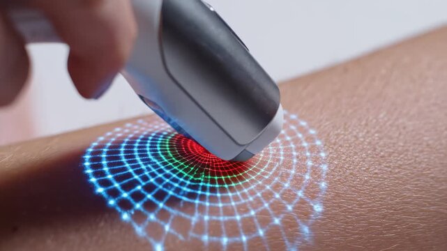AI generated 4k video of laser scanner device analyzing skin under bright clinical lighting.