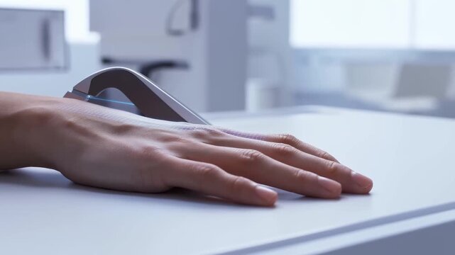 AI generated 4k video of human hand using futuristic interface device in bright hospital lighting.