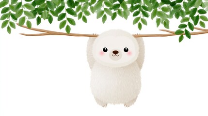 Fototapeta premium Charming Sloth Hanging from Branch: An adorable, fluffy white sloth with big, sweet eyes hangs from a tree branch, surrounded by lush green leaves.