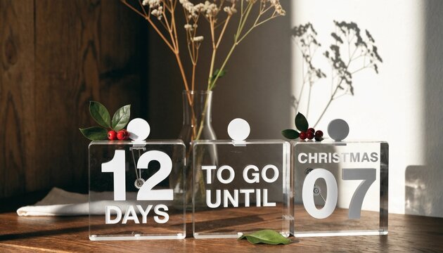 Clear acrylic countdown blocks showing twelve days until christmas holiday celebration