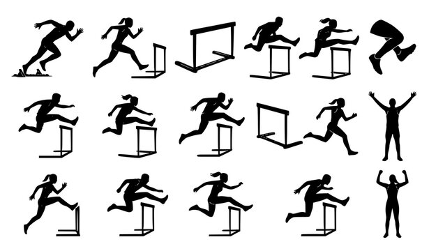 Athletics hurdle jump silhouette vector set with track and field high hurdle runner poses isolated on white background
