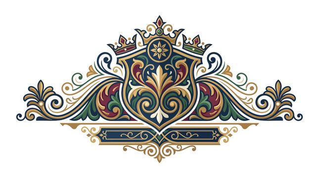 Horizontal heraldic banner with shield and scrolls.