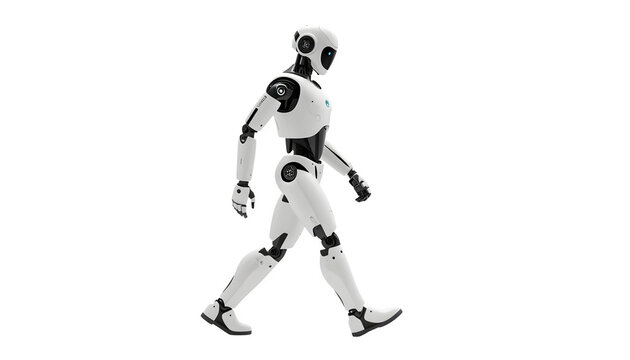 Futuristic humanoid robot walking confidently forward with a sleek white and black polished metal exterior design isolated on a plain white background captured in a clean side profile studio shot.