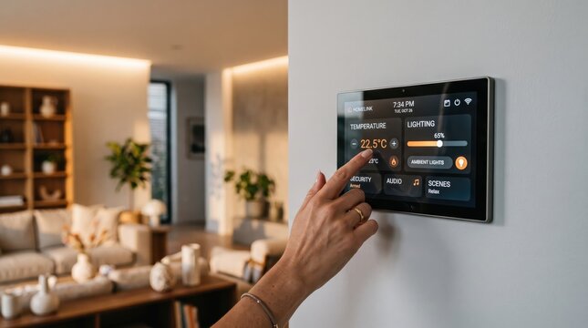 Smart home control panel touchscreen adjusting temperature and lighting, IoT automation system for modern living, energy efficient climate management, connected devices ecosystem