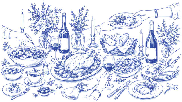Vintage blue ink sketch of holiday dinner party, festive banquet table with roasted turkey and wine, hand drawn celebratory feast illustration