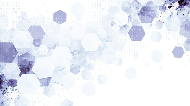 Abstract purple hexagonal technology background with digital data. Clean, modern, and technical design for cybersecurity layouts, scientific graphics, or medical presentations.