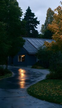 Modern blue home embraces solar energy under a serene golden hour sky reflecting peaceful autumn landscapes
