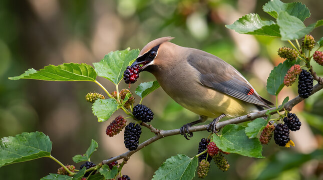 A beautiful waxwing bird, with its characteristic elegant plumage, is captured delicately feeding on ripe mulberries from a lush green branch