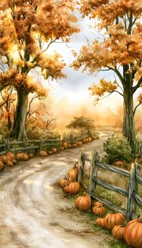 Autumn pumpkin patch illustration golden hour rural scene serene countryside stock image