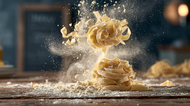 Dynamic Tagliatelle Pasta Nest with Exploding Flour Dust. Dramatic, artisanal, and authentic aesthetic for Italian restaurants, food packaging, and recipe covers.