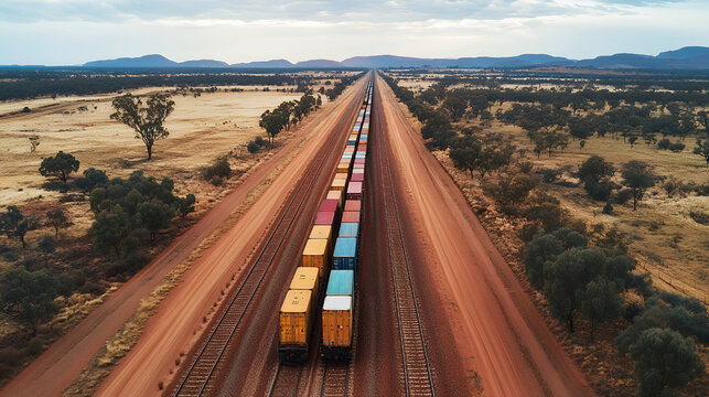 Endless freight train with colorful containers on parallel railway tracks stretching through a vast, remote arid landscape