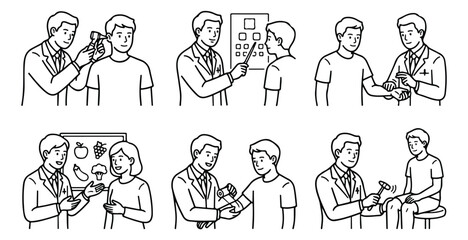 Obraz premium Medical checkup line art icons, doctor examining patient vector set, clinical physical examination illustrations for healthcare brochures