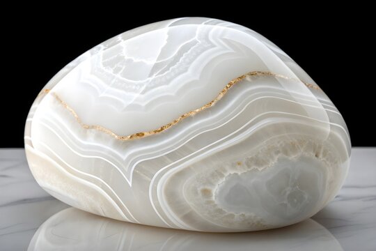 Polished white agate gemstone specimen with gold veins on marble surface