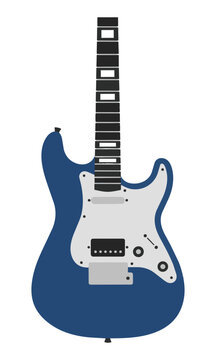 A classic electric guitar with a deep blue body and light gray pickguard, rendered in a clean flat design style. Music equipment concept