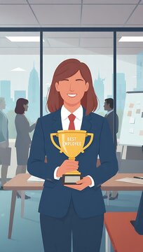 Confident businesswoman receiving award for outstanding performance in modern office environment with contemporary office city skyline views
