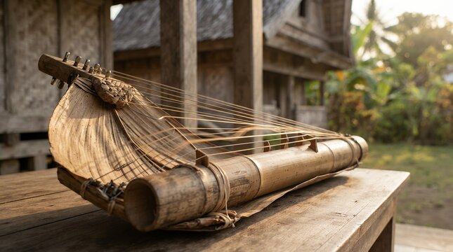Traditional Indonesian Sasando Instrument on Rustic Table