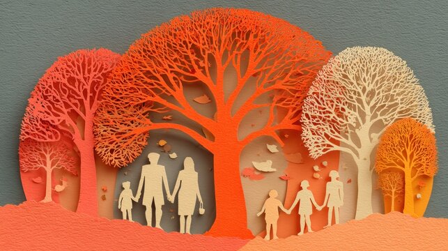 Many cut out paper art of people and trees genealogy tree concept