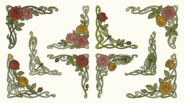 Art Nouveau Vector Corners with Roses, Dragonflies and Peacock Feathers, Ornate Decorative Flourishes and Swirls, Elegant Floral Design Elements
