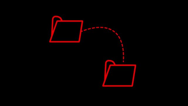 Red File Transfer Line Icon with Two Folders and Curved Dashed Arrow Isolated on Black Background animation..