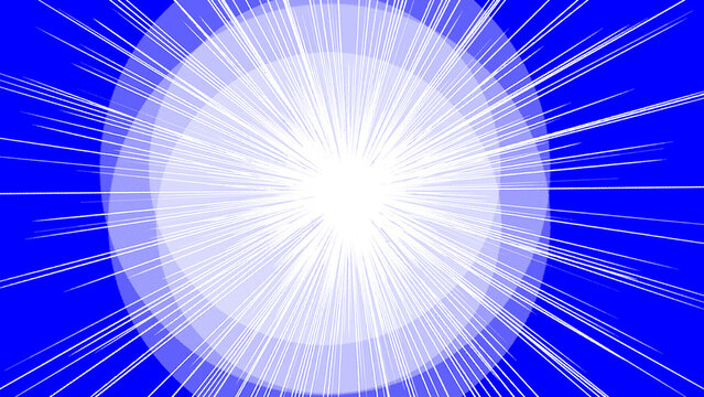 Abstract background featuring bright white radiating light lines emerging from central point against vibrant solid blue backdrop creating intense energetic motion effect for digital graphic design