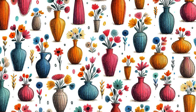 beautiful vase seamless vector pattern background in crayon style artwork