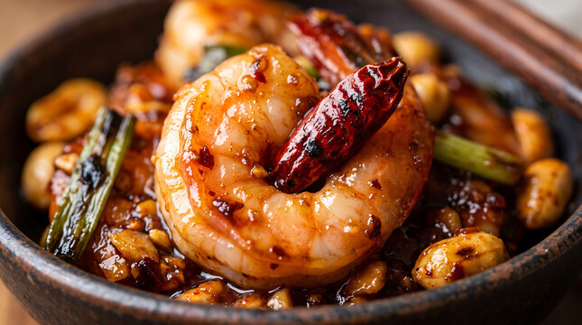 Stir-Fried Spicy Kung Pao Shrimp with Crunchy Peanuts, Dried Red Chilies, and Green Onions in Dark Savory Sauce