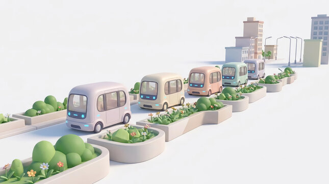 Autonomous electric shuttle buses commuting.