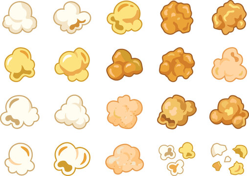 Various popcorn kernels set with butter caramel and classic flavors vector illustration