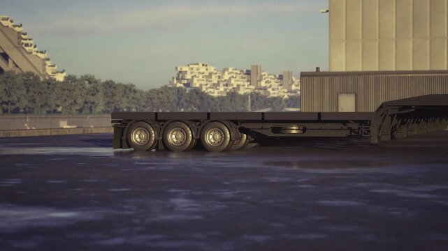 Flatbed trailer wheels on wet tarmac, industrial yard with reflective puddles and warehouse backdrop empty platform idle awaiting cargo pickup, muted sunset
