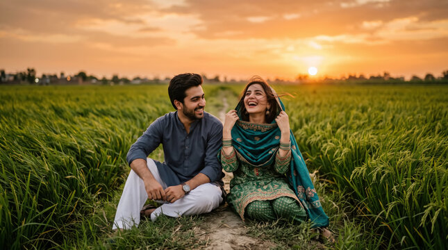Young Pakistani couple enjoying a sunset in a lush green field