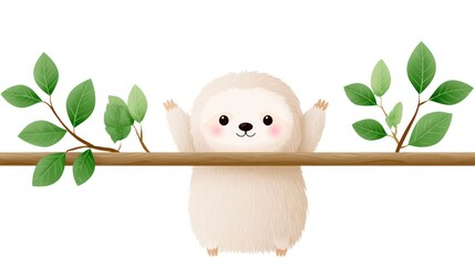 Fototapeta premium Cute Sloth Illustration: A whimsical illustration of a kawaii sloth hanging from a branch, surrounded by lush green leaves, evoking a sense of childlike wonder and tranquility.