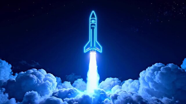 Rocket launch in neon blue sky