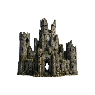 Ancient ruined stone castle isolated medieval fortress with gothic towers and dramatic fantasy architecture