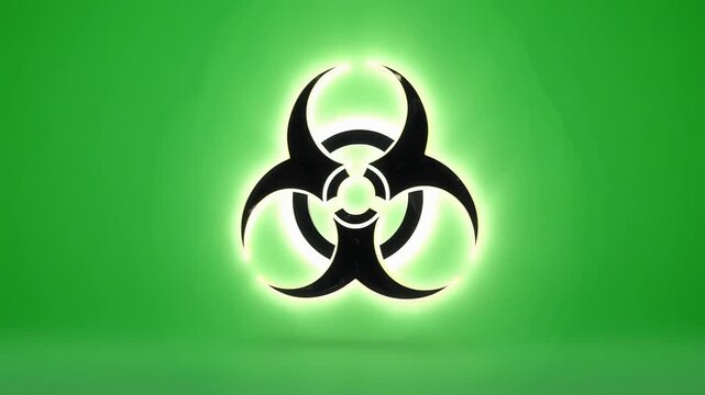 Biohazard symbol animation with glowing green background and subtle camera zoom for health awareness concepts