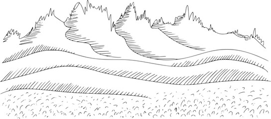 草の茂った前景を持つ連峰の風景のシンプルな白黒手書きイラスト © Bulbul
