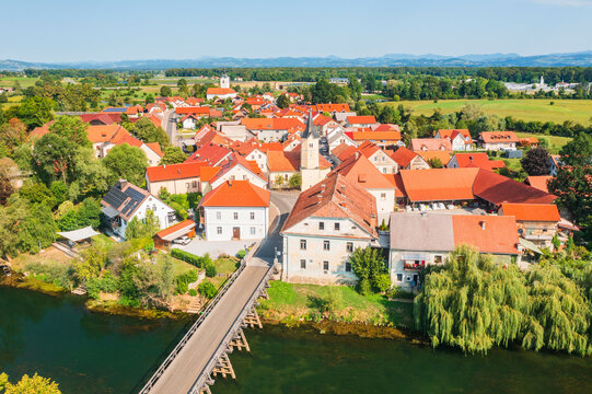 Aerial view of small town Kostanjevica na Krki in Slovenia, popular cultural site and tourist destination