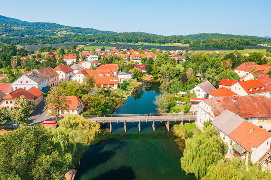 Aerial view of small town Kostanjevica na Krki in Slovenia, popular cultural site and tourist destination