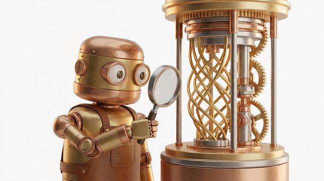Steampunk brass robot examining golden gears with a magnifying glass