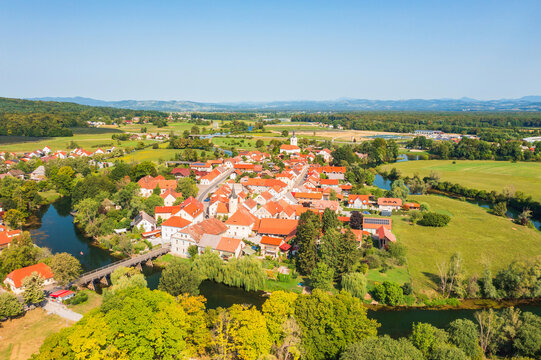 Aerial view of small town Kostanjevica na Krki in Slovenia, popular cultural site and tourist destination