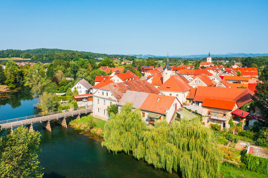 Aerial view of small town Kostanjevica na Krki in Slovenia, popular cultural site and tourist destination