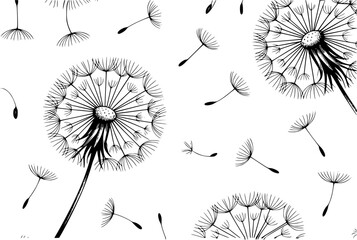 クリーンな白い背景のパターンに描かれた、飛んでいる種を持つタンポポの花の白黒手書きイラスト © Bulbul