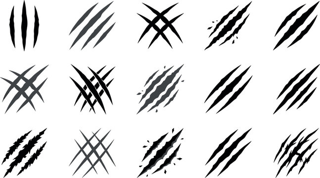Animal Claw Scratch Mark Silhouette Icon Set Featuring Aggressive Monster Tears Wild Bear Rips and Predator Slashes for Gaming Mascot Logos and Graphic Designs
