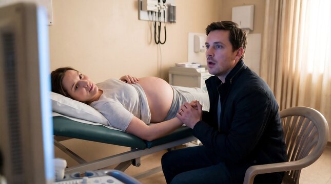 Anxious partner holding his pregnant wife's hand during a fetal ultrasound examination at clinic. Pregnancy, maternal health care and medical treatment concert. Lifestyle shot for poster