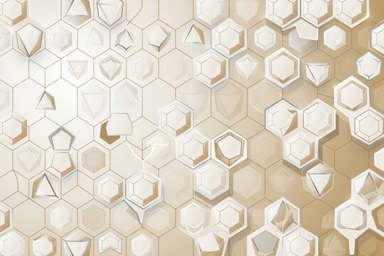 Complex abstract background, with a layered, geometric pattern of, white and beige, hexagons and triangular, shapes creating a, 3d depth effect