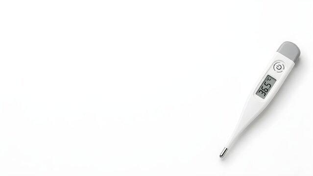 op view of a digital thermometer on a clean white background with copy space. Ideal for healthcare, wellness, medical, websites, advertising, and presentations.
