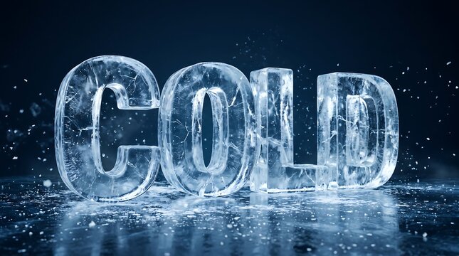 Cold text carved from solid ice blocks with frost particles on a dark blue frozen background
